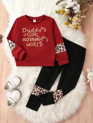 2pcs/Set Girls 4-7Y Splice Letter & Leopard Print Long Sleeve Top And Casual Pants, Spring Autumn