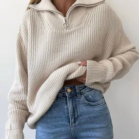 Athleisure Brioche Ribbed Knit Front Zip Spread Collar Drop Shoulder Oversized Sweater