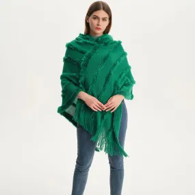 Bohemian Fringe Faux Fur Batwing Sleeve Green Hooded Knit Poncho Sweater