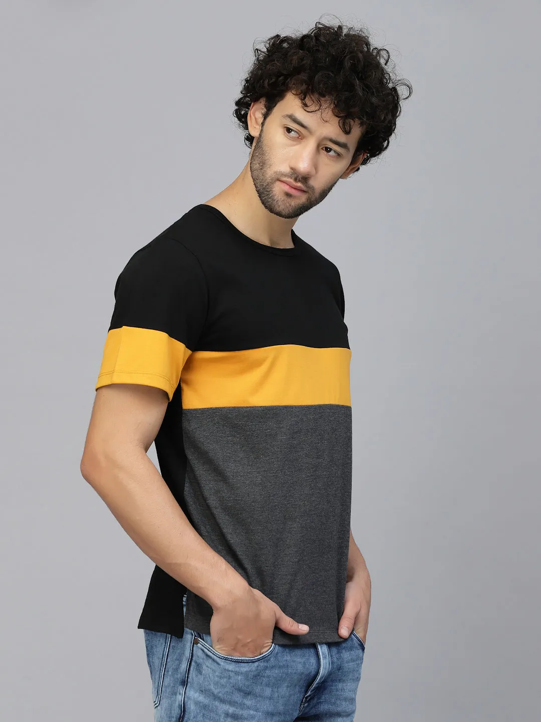 Charcoal Melange Colorblocked Half Sleeves Jersey T-shirt