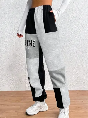 Color Block Jogger Letter Patchwork Print Knitting Casual Slant Pocket Elastic Pants