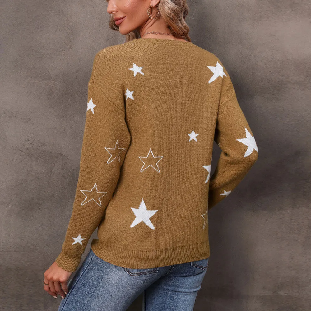 Cozy Camel Round Neck Long Sleeve Star Jacquard Knit Sweater