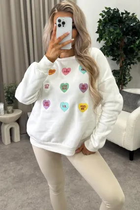 Crystal Cream Heart Slogan Embroidered Sweatshirt Jumper