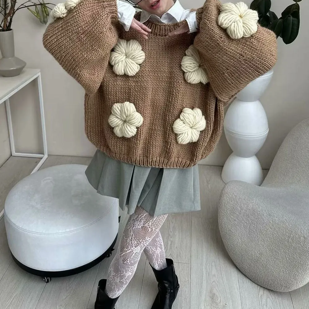 Cute 3D Flower Puff Sleeve Handmade Knit Chunky Yarn Oversized Pullover Sweater