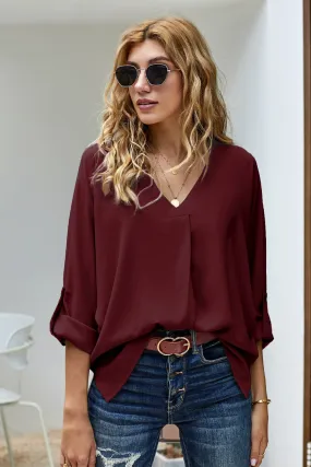 Elegant Wine V Neck 3/4 Sleeve High Low Hem Blouse