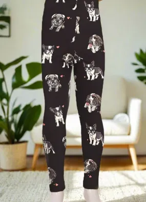 Girls Multi-Breed Dog Leggings, Kids Yoga Pants,  Sizes S/L, No-Roll Waist, Black/White