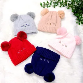 Kids Cute Cat Design Fleece Lined Double Pom Pom Hat