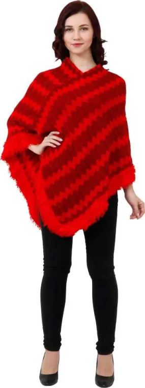 Manra Women Pure Wool Knitted Poncho in Red-Maroon Strips