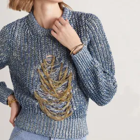 Metallic Chain Embellished Ripped Dusty Blue Marled Knit Pullover Sweater