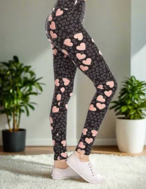 Womens Heart Leggings, Valentines Day Leggings, Soft Yoga Pants, Sizes 0-20, Yoga Waist, Black/Pink